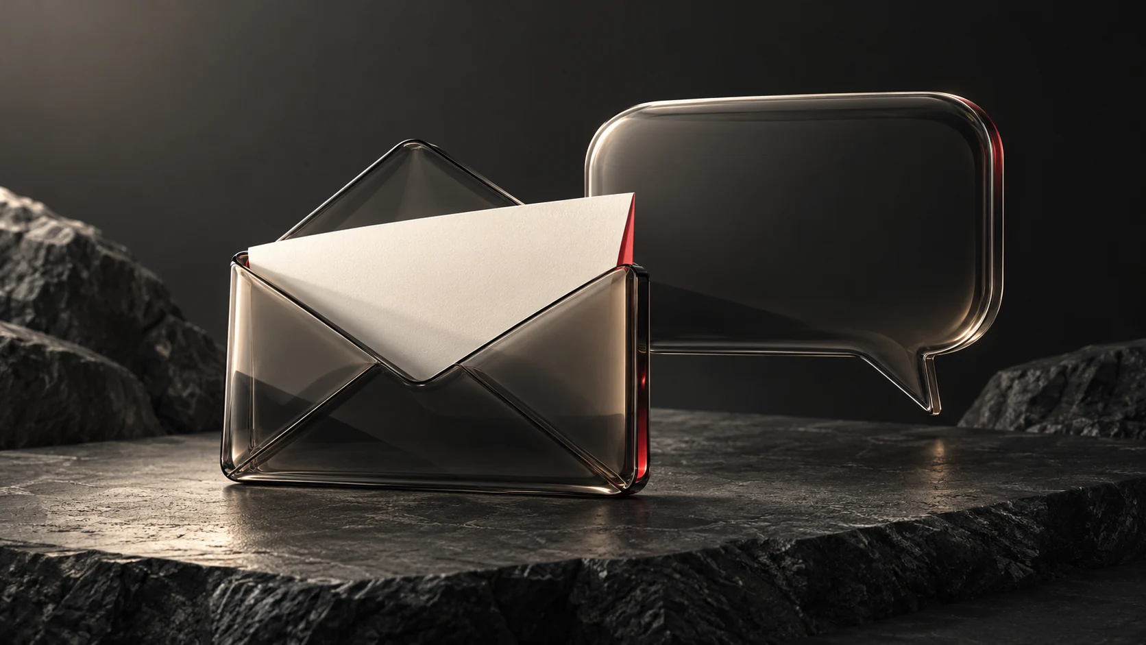 Glass envelope and conversation sculpture in a dark studio