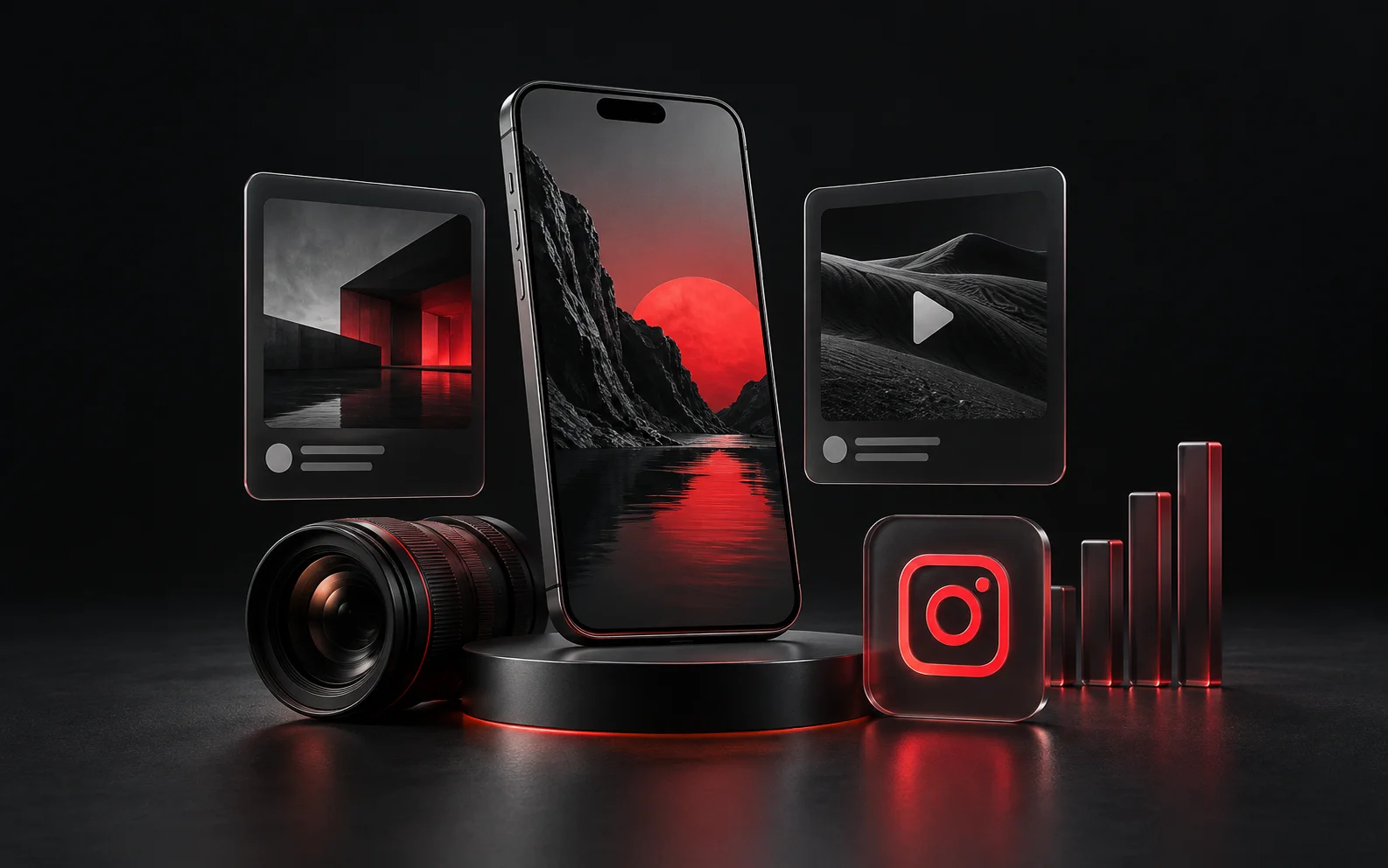 3D smartphone, content cards and camera lens for Instagram marketing