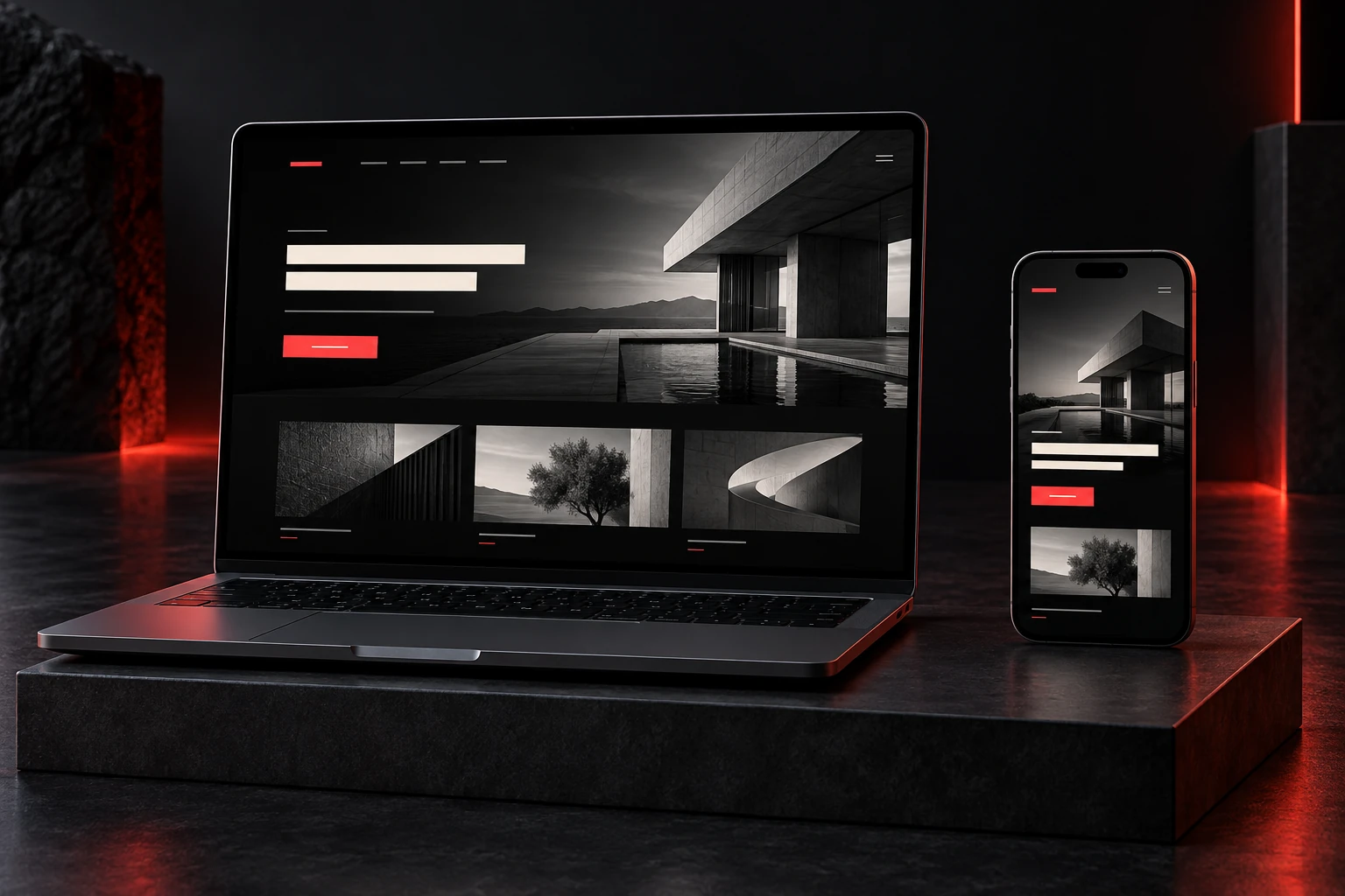 Dark responsive website concept on graphite laptop and smartphone with red accents